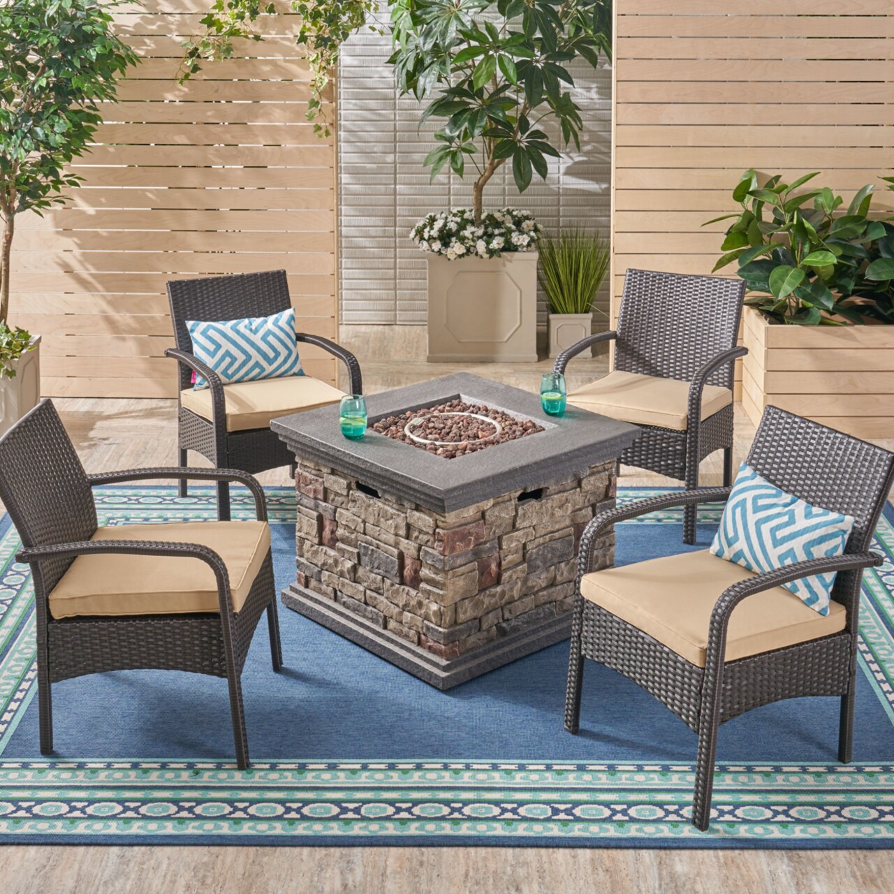 GDFStudio Meroy Patio Fire Pit Set 4 Seater with Club Chairs